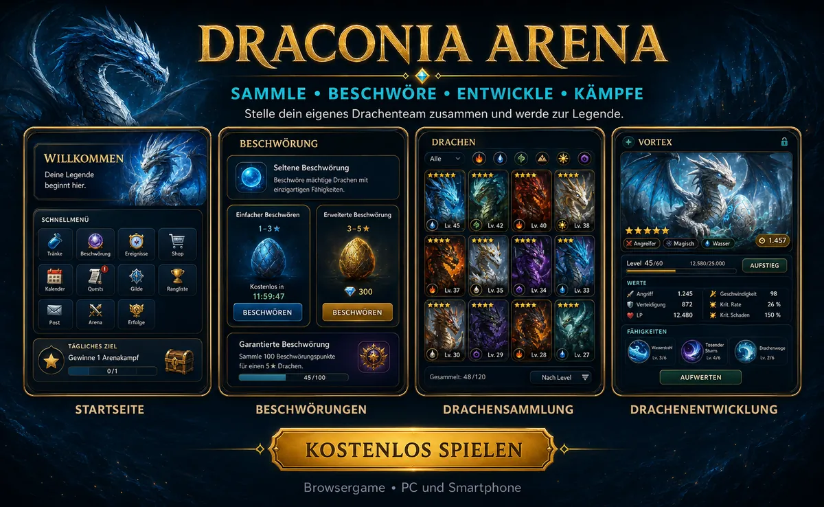 Draconia Arena Spielvorschau auf Deutsch mit Startseite, Drachenbeschwörungen, Drachensammlung und Drachenentwicklung.