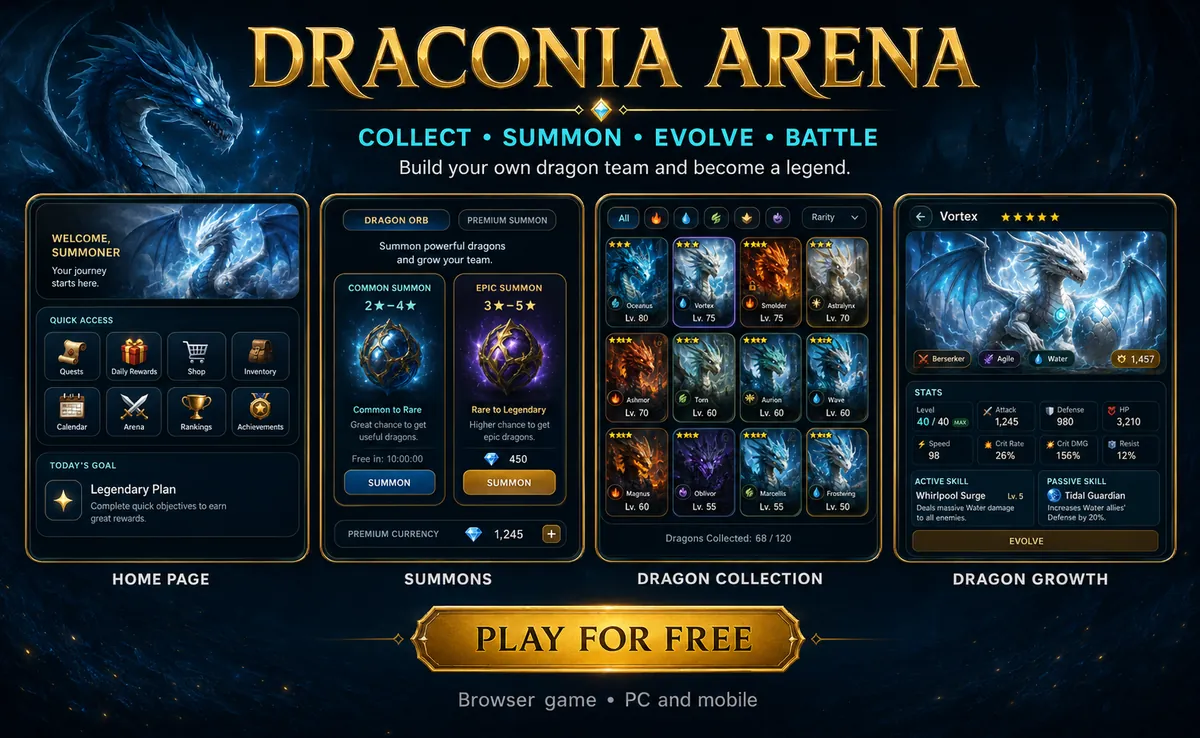 Draconia Arena gameplay preview in English showing the home screen, dragon summons, dragon collection and dragon growth.