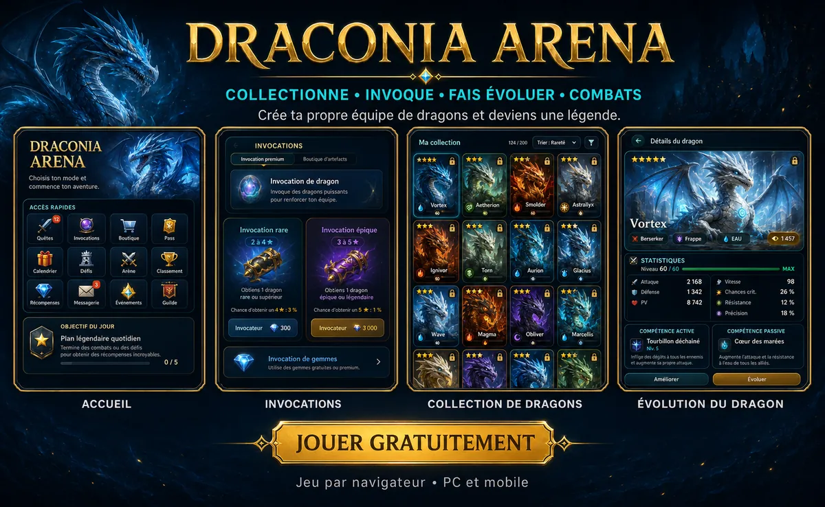 Aperçu de Draconia Arena en français avec l’accueil, les invocations, la collection de dragons et l’évolution des dragons.